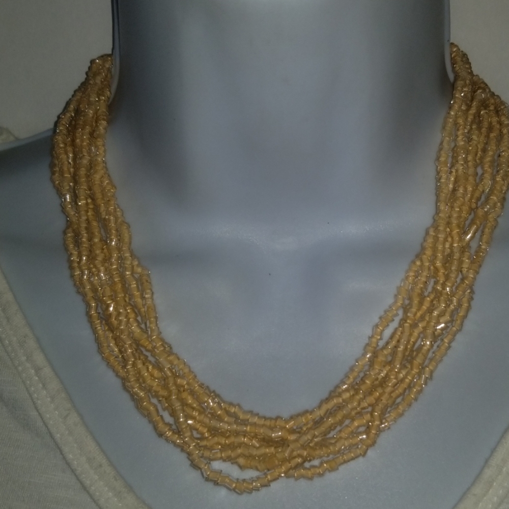 Necklace Beaded Multi Strand Peach Bead Gold Tone